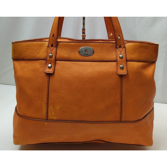 Fossil Orange Pebbles Leather Double Handle Zipper Tote Shoulder Bag - Picture 10 of 13